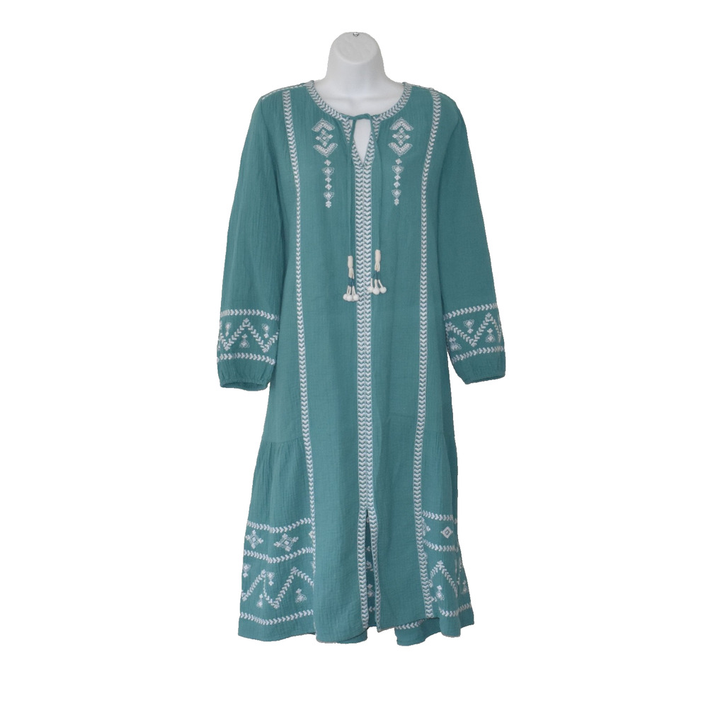 A5 NWOT SOFT SURROUNDINGS Jolie Green White Vertical Embroidery Midi Dress Sz L - Picture 2 of 6